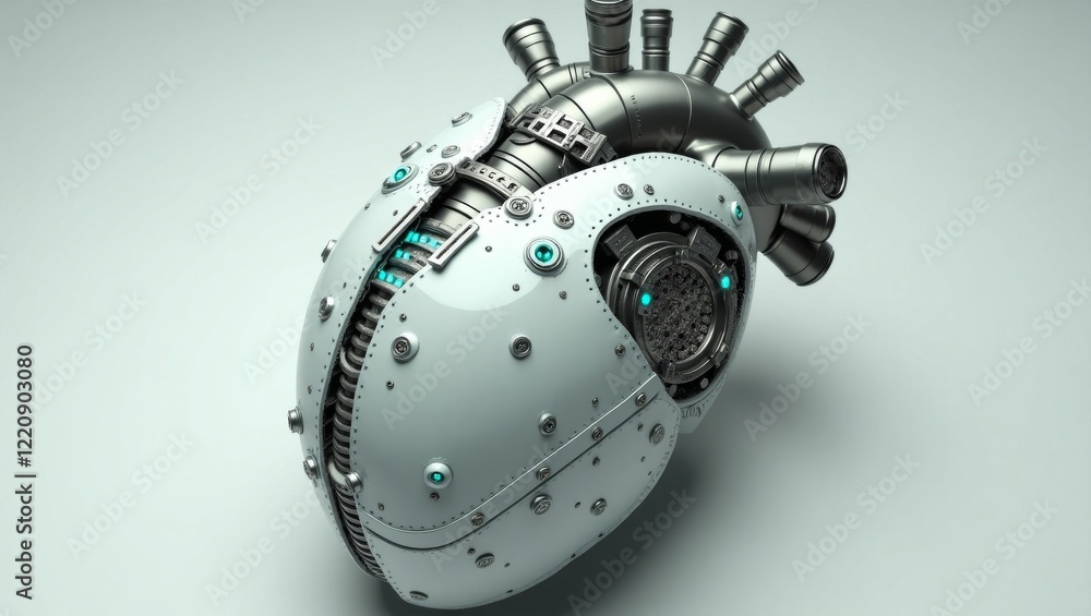 Futuristic robotic heart with metallic surface, intricate details, and glowing accents. Ideal for technology, innovation, and science fiction-themed projects. Futuristic robotic heart with metallic surface, intricate details, and glowing accents. Ideal for technology, innovation, and science fiction-themed projects.