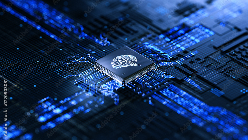 AI chip on a circuit board. Symbolizes technological advancement and artificial intelligence integration. 3d rendering, conceptual image.