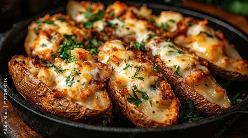 A rustic platter featuring loaded baked potatoes garnished with herbs and meats, showcasing a heartwarming dish that celebrates culinary comfort and satisfaction. A rustic platter featuring loaded baked potatoes garnished with herbs and meats, showcasing a heartwarming dish that celebrates culinary comfort and satisfaction.
