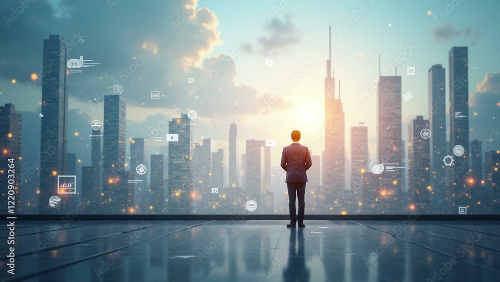 A stylized skyscraper stands behind an entrepreneur navigating financial strategies in a futuristic setting. A stylized skyscraper stands behind an entrepreneur navigating financial strategies in a futuristic setting.