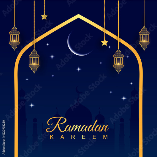 Ramadan Mubarak with Isalmic Lantern on Blue Background, Ramadan Kareem vector with lanterns, Ramadan Kareem golden frame vector, Ramadan Kareem mosque silhouette vector, Elegant Ramadan Kareem vector photo