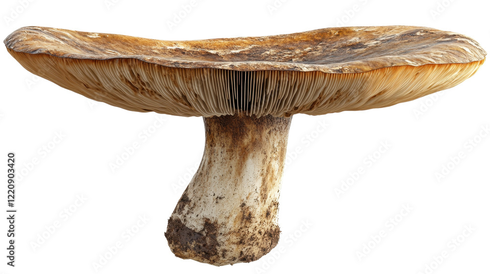 A portobello mushroom with a wide, flat cap and prominent gills, showing its earthy texture, on a white background. A portobello mushroom with a wide, flat cap and prominent gills, showing its earthy texture, on a white background.