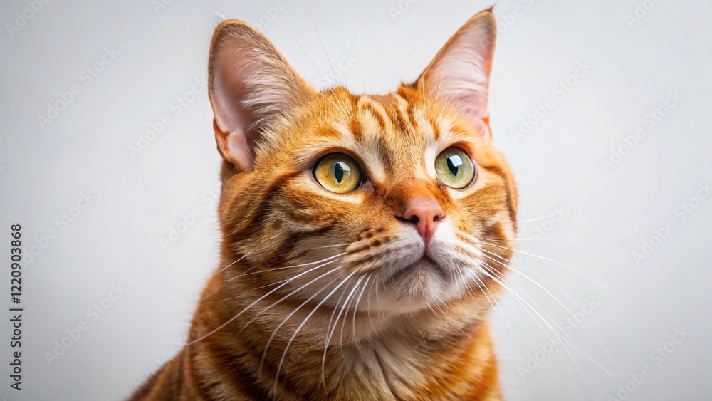 Curious Orange Tabby Cat Close-Up: Whiskers and Stripes on White Curious Orange Tabby Cat Close-Up: Whiskers and Stripes on White
