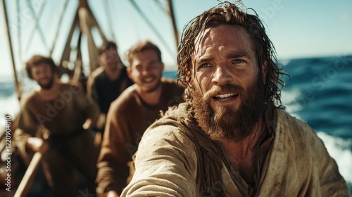 A group of rugged men on a boat face the ocean waves, highlighting the challenges and camaraderie experienced during seafaring adventures under the bright sun. photo