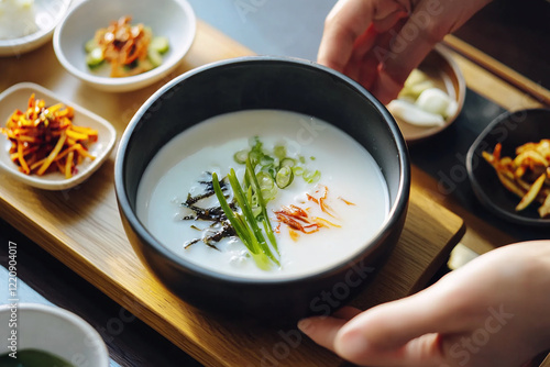 Seollal tteokguk, cultural culinary tradition, minimalist presentation photo