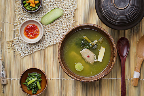 Seollal tteokguk, cultural culinary tradition, minimalist presentation photo