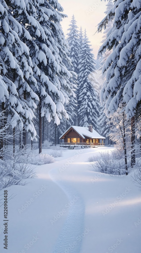 Naklejka premium A snowy path leading to a charming cabin in the woods, nature, peaceful, winter, refuge