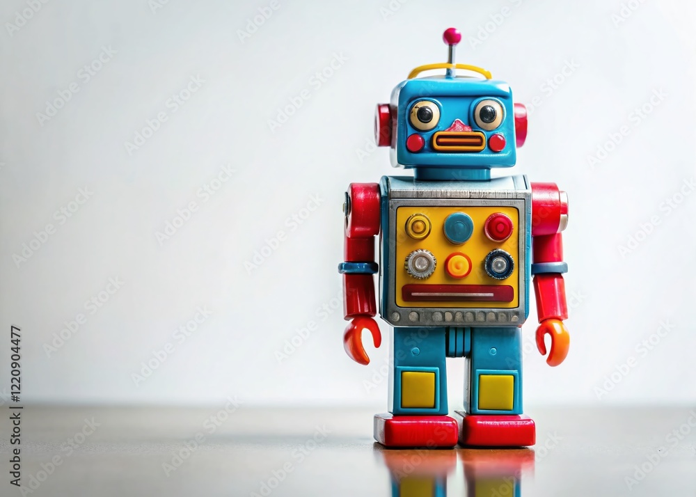 Fototapeta premium Cute Robot Toy Posing on White Background - Plenty of Copy Space