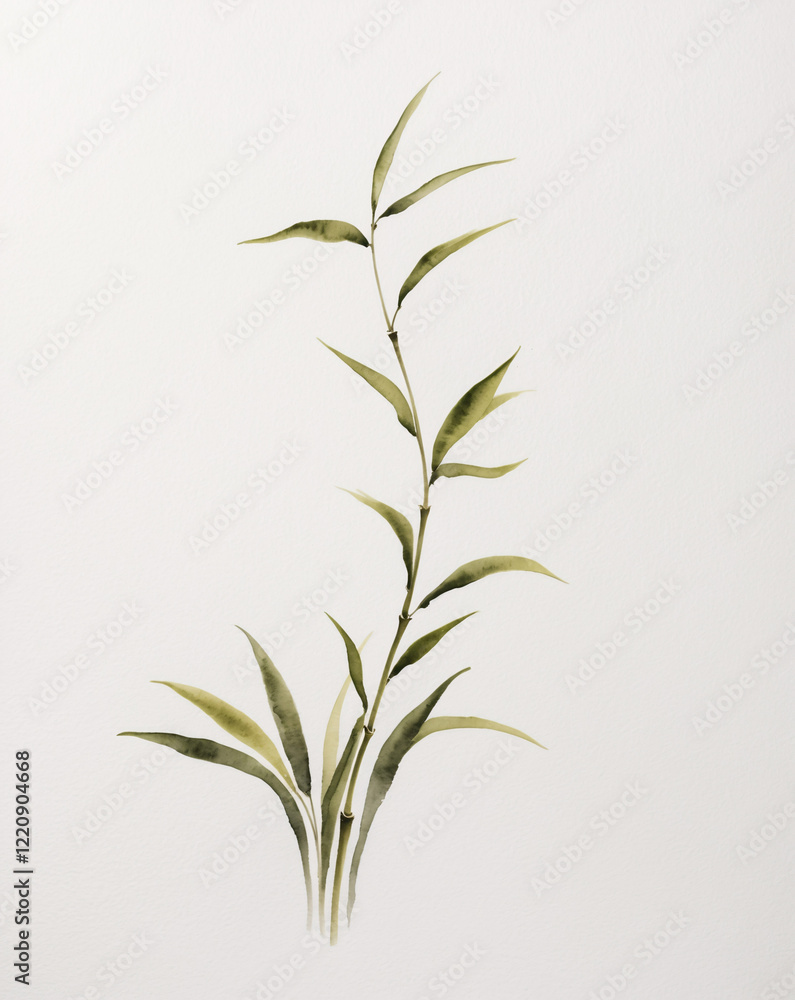 Fototapeta premium Minimalist Green Bamboo Watercolor Painting on White Background Featuring Traditional Design Elements