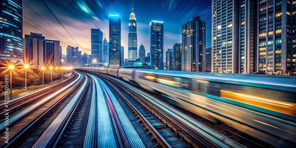 Fototapeta premium Night Train Ride Through Megacity: Speed and Motion Blur Urban Exploration Stock Photo