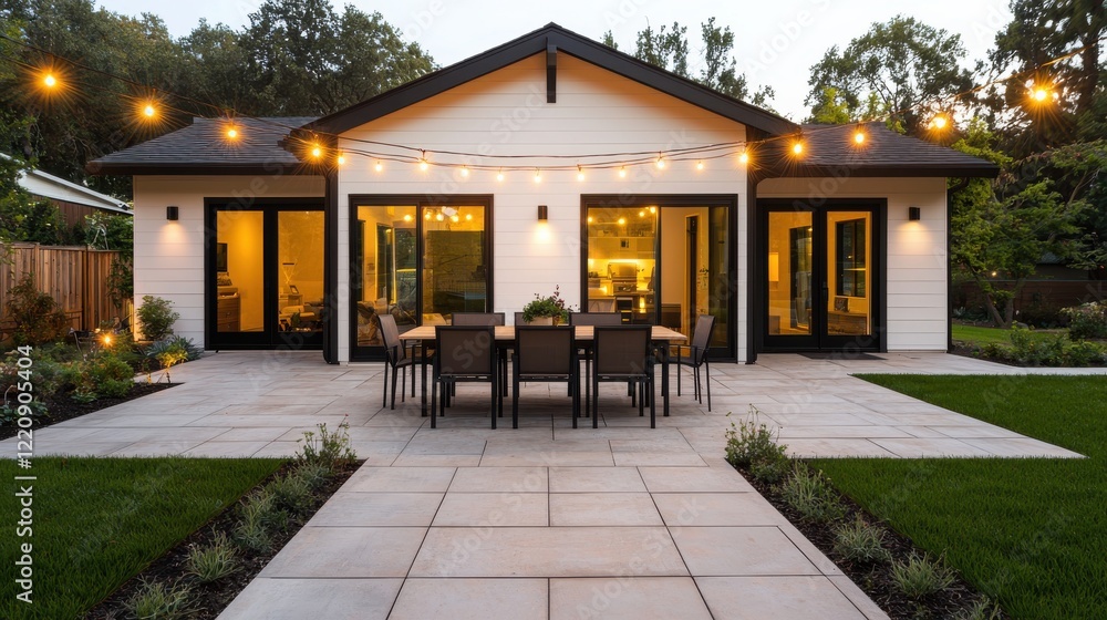 custom made wallpaper toronto digitalA modern home exterior with patio lights, featuring a dining area and lush greenery, creating a cozy evening ambiance.