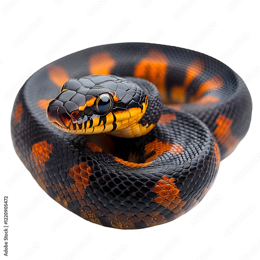 Fototapeta premium Angled view full body shot of an extremely perfect looking single Mud Snake animal isolated on a white transparent background