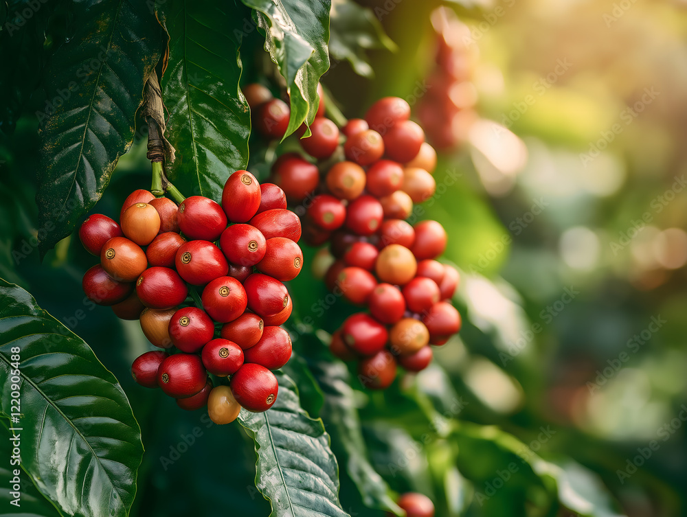 Vibrant Red Coffee Cherries on Branch with Lush Greenery Vibrant Red Coffee Cherries on Branch with Lush Greenery