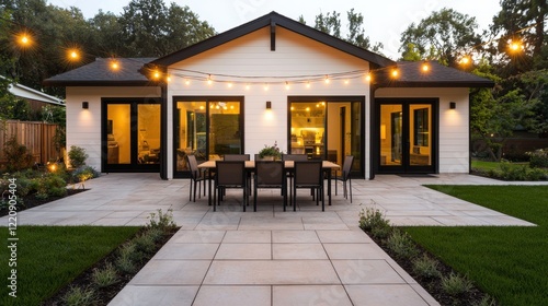 Wallpaper Mural A modern home exterior with patio lights, featuring a dining area and lush greenery, creating a cozy evening ambiance. Torontodigital.ca