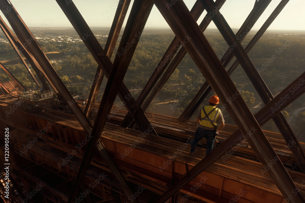Naklejka premium Construction worker on a high bridge