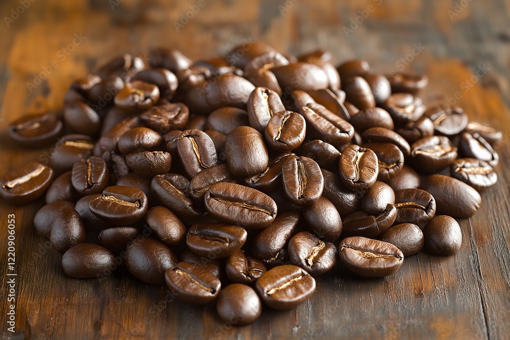 Naklejka premium Close-up View of Roasted Coffee Beans on Wooden Surface