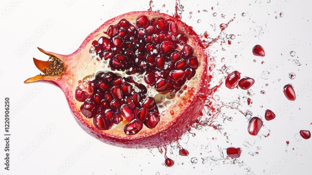 A vibrant pomegranate sliced in half, revealing its cluster of glistening ruby-red seeds, white background. A vibrant pomegranate sliced in half, revealing its cluster of glistening ruby-red seeds, white background.