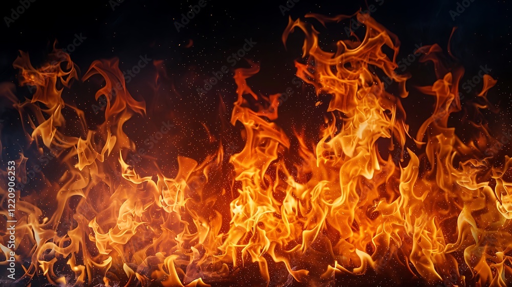 Fierce fire burning brightly against a black backdrop, creating a striking effect for designs. Fierce fire burning brightly against a black backdrop, creating a striking effect for designs.