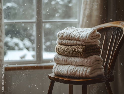 Cozy Knitwear and Snowflakes by the Window - A Warm Winter Day photo