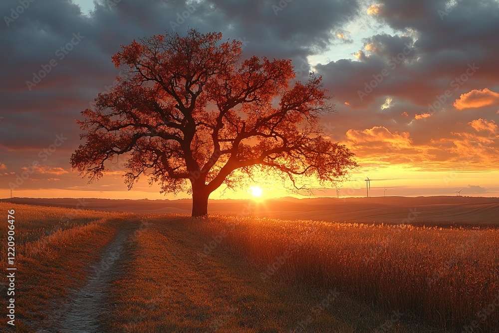 Fototapeta premium Lone tree in field at sunset with dramatic sky