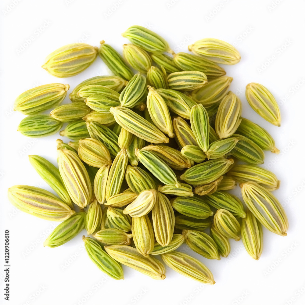Green cardamom seeds displayed on a white background Green cardamom seeds displayed on a white background