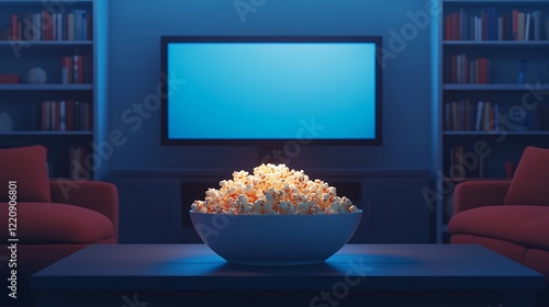 Cozy Movie Night Scene with a Large Bowl of Popcorn on a Coffee Table Surrounded by Comfortable Red Couches in a Warmly Lit Room