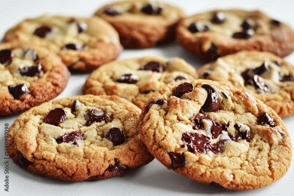 Freshly baked chocolate chip cookies with gooey centers create a mouthwatering treat on a clean white background Freshly baked chocolate chip cookies with gooey centers create a mouthwatering treat on a clean white background
