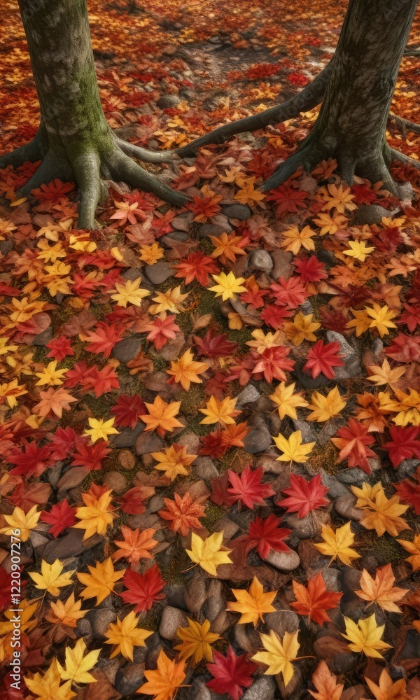 Autumn leaves scattered across the forest floor in a random pattern , forest terrain, crunchy sound, autumn forest background Autumn leaves scattered across the forest floor in a random pattern , forest terrain, crunchy sound, autumn forest background