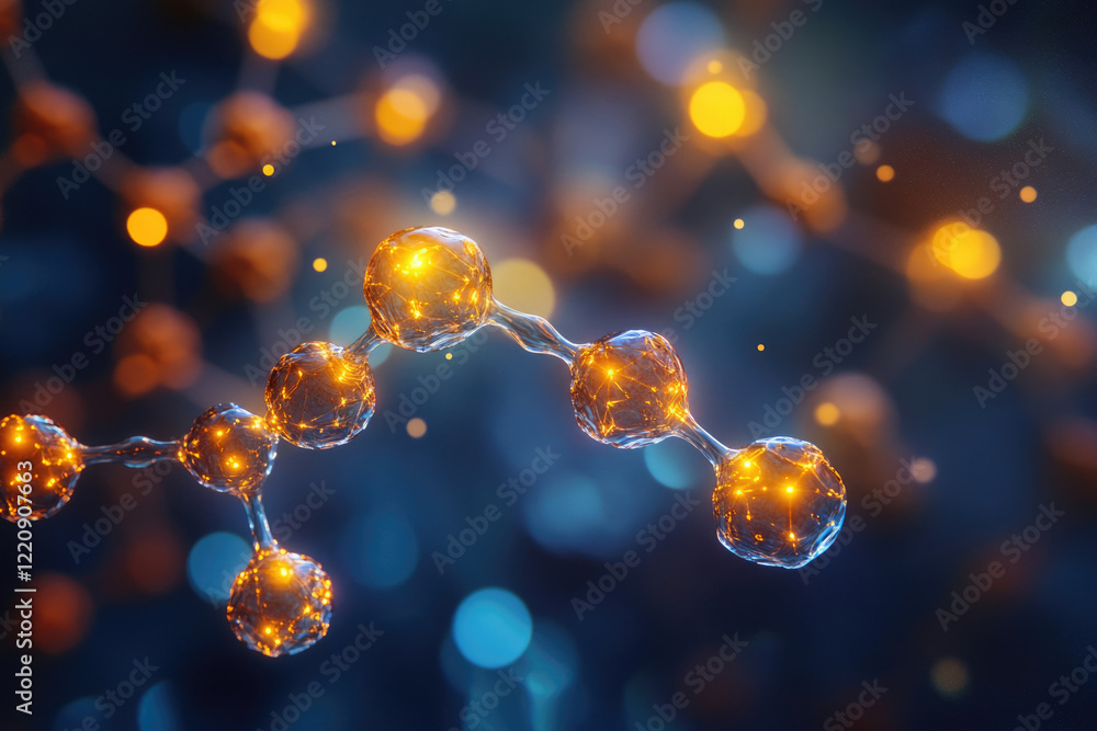 A 3D rendering of a glowing molecule, interconnected atoms forming a complex structure. A 3D rendering of a glowing molecule, interconnected atoms forming a complex structure.