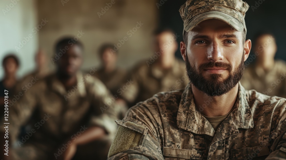 Fototapeta premium A portrait of a soldier wearing a proud smile, exuding confidence and respect, surrounded by fellow service members, conveying unity and the strong bond shared in military life.
