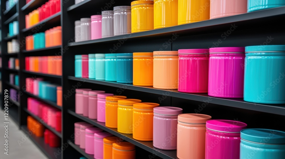 A vibrant display of colorful jars arranged neatly on black shelves, showcasing a variety of hues and adding a pop of color to the space. A vibrant display of colorful jars arranged neatly on black shelves, showcasing a variety of hues and adding a pop of color to the space.