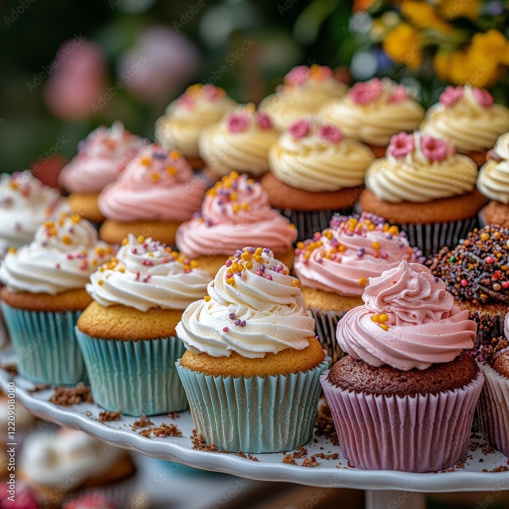 A tiered cupcake display with fresh berries. Perfect for celebrations, parties, and dessert promotions. A tiered cupcake display with fresh berries. Perfect for celebrations, parties, and dessert promotions.