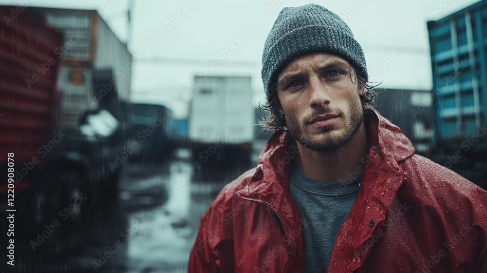 This captivating portrait features a contemplative young man dressed in a red raincoat, perfectly expressing a sense of loneliness and introspection against an industrial backdrop. This captivating portrait features a contemplative young man dressed in a red raincoat, perfectly expressing a sense of loneliness and introspection against an industrial backdrop.