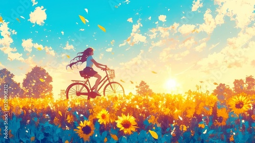 Sunset Bicycle Journey, vibrant anime scene featuring a bicycle ride through a sunflower field, warm hues, geometric simplicity, pop art influence, cool digital color palette. photo