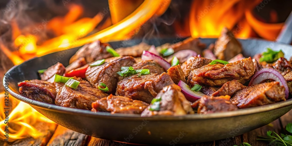 Delicious Gyro Meat Sizzling in Pan - Authentic Greek Recipe Stock Photo Delicious Gyro Meat Sizzling in Pan - Authentic Greek Recipe Stock Photo