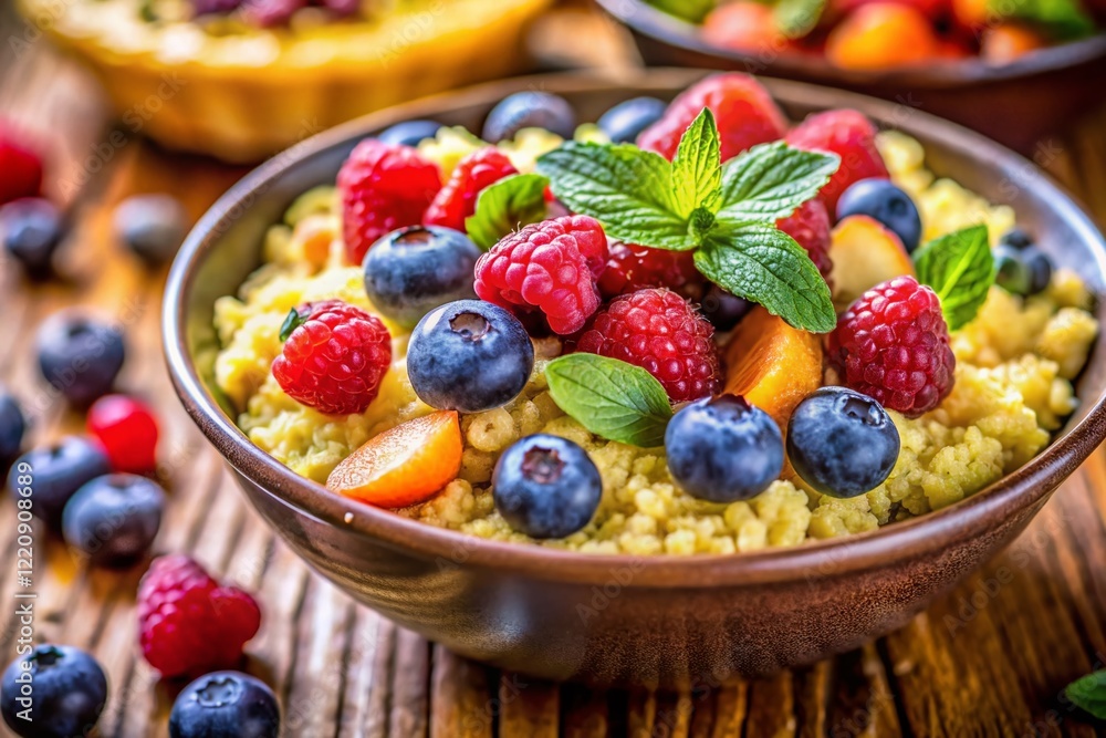 Delicious & Healthy Millet Breakfast Bowl with Berries & Nuts - Bokeh Background Delicious & Healthy Millet Breakfast Bowl with Berries & Nuts - Bokeh Background