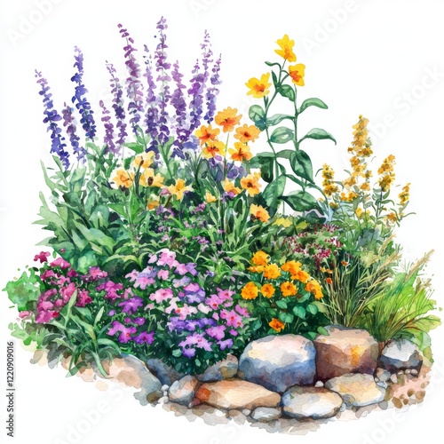 Wallpaper Mural Vibrant and Colorful Flower Garden with Various Blossoms Surrounded by Natural Stone in Watercolor Style Torontodigital.ca