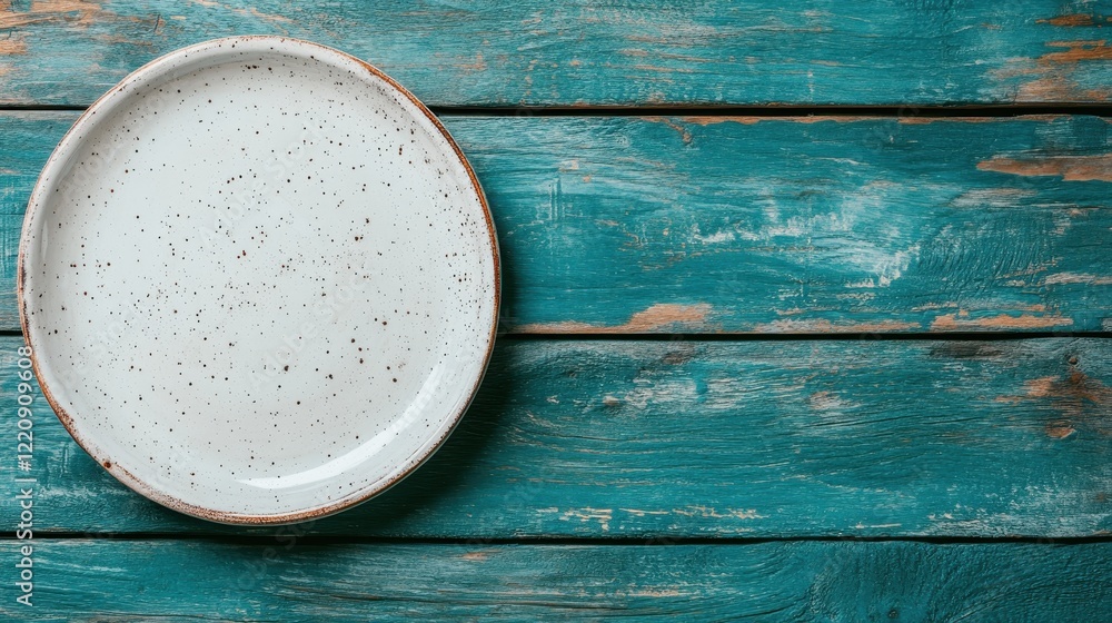 An empty speckled plate is centered on a vintage teal wooden surface, conveying a sense of simplicity and inviting anticipation for delicious meals to come. An empty speckled plate is centered on a vintage teal wooden surface, conveying a sense of simplicity and inviting anticipation for delicious meals to come.
