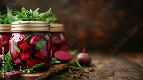 An aesthetically pleasing arrangement of glass jars filled with colorful beetroot, adorned with herbs, showcasing a fusion of flavors against a beautifully blurred background. photo