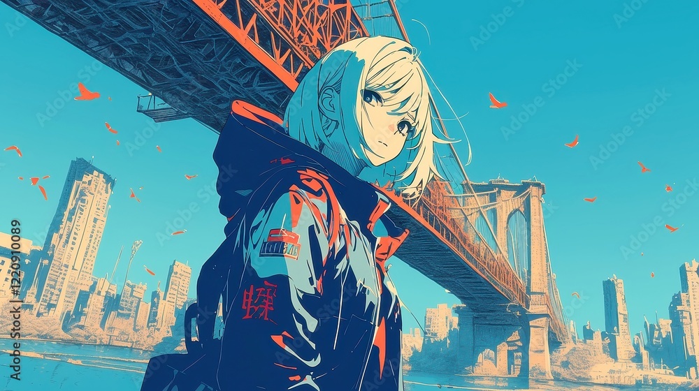 Obraz premium City Pop Vibes, vibrant young woman strolling on a bridge, gazing at the serene river, bold outlines, simple colors, pop art influence, warm and tranquil palette.