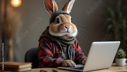 Stylish Rabbit Works On Laptop Cozy Home Office Setting