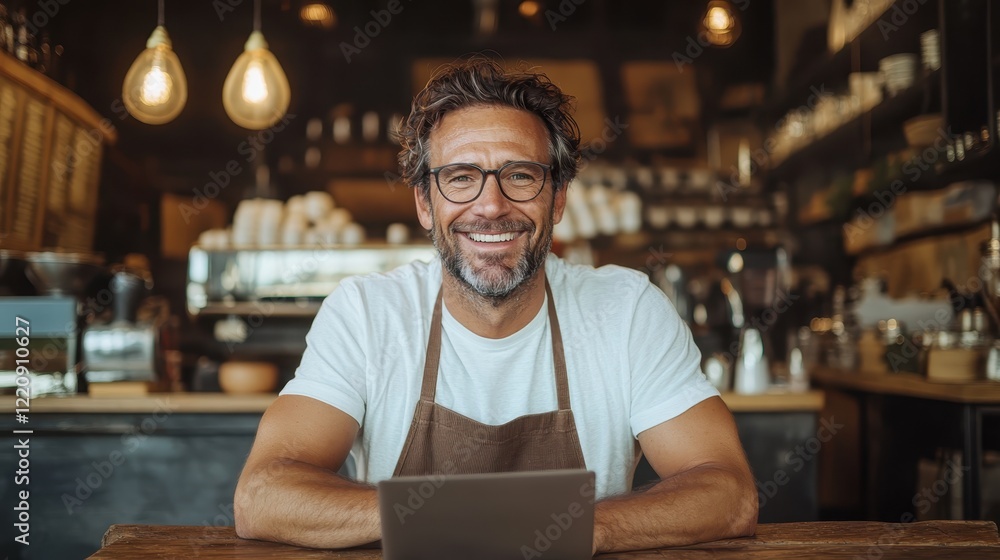 Fototapeta premium A cheerful man wearing an apron, embedded in his role at a bustling coffee shop, beams with joy as he interacts with customers, showcasing the essence of hospitality.