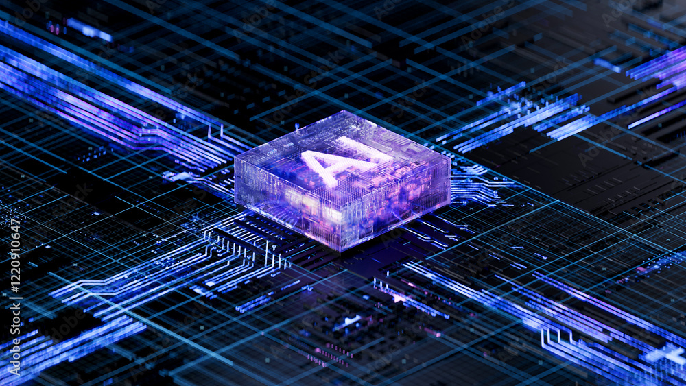 AI chip on a circuit board. Symbolizes technological advancement and artificial intelligence integration. 3d rendering, conceptual image.