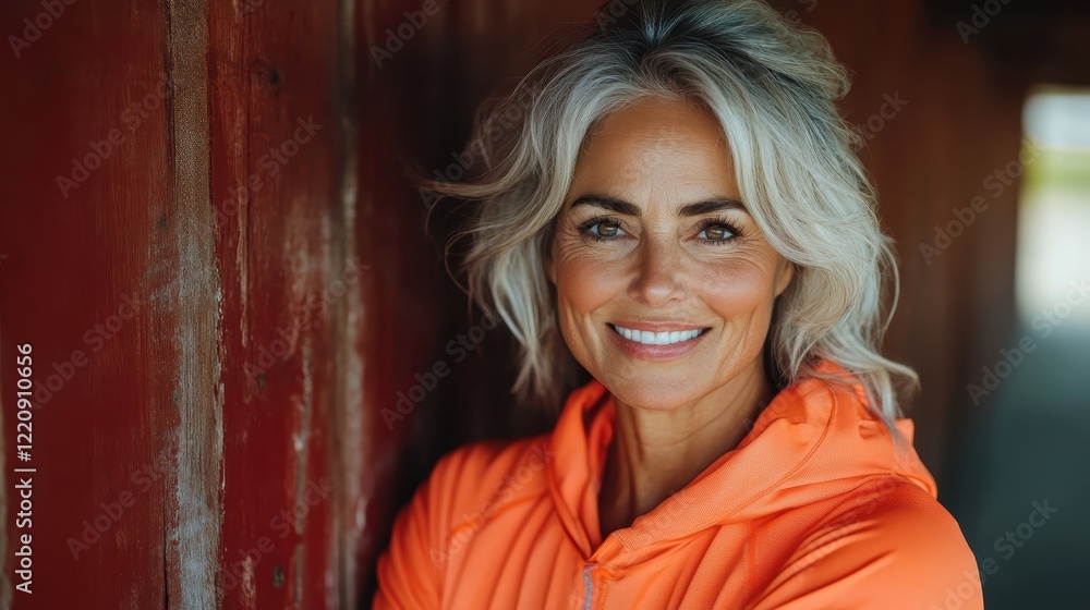 A confident older woman with silver hair captures a moment of warmth and assurance in her vibrant orange hoodie, standing against a beautiful natural background. A confident older woman with silver hair captures a moment of warmth and assurance in her vibrant orange hoodie, standing against a beautiful natural background.