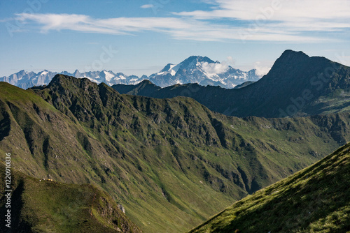 Masino Bregaglia mountains and Mount Disgrazia from Monte Cavallo, San Simone, Bergamo, Lombardia, Italy.