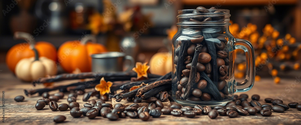 Wooden table adorned with coffee beans, vanilla pods, and fall pumpkins. Cozy and rustic atmosphere.
Wooden table adorned with coffee beans, vanilla pods, and fall pumpkins. Cozy and rustic atmosphere.