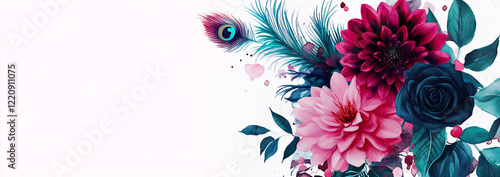 Watercolor bouquet featuring soft pink flowers with bold burgundy, navy blue and subtle green and vibrant accents.
