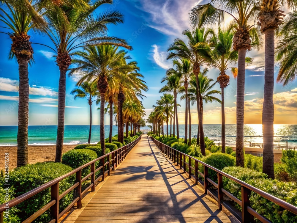 Palm Tree Lined Walkway to Coastal Skyline - Candid Beach Scene Stock Photo Palm Tree Lined Walkway to Coastal Skyline - Candid Beach Scene Stock Photo