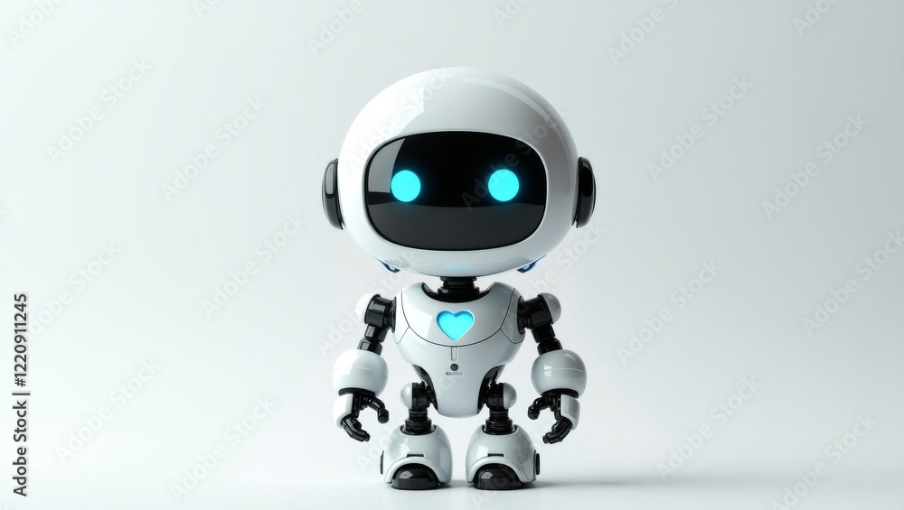 A cute, futuristic robot with glowing blue eyes and a heart-shaped symbol, perfect for tech, innovation, or love-themed projects. Ideal for websites, posters, and advertising. A cute, futuristic robot with glowing blue eyes and a heart-shaped symbol, perfect for tech, innovation, or love-themed projects. Ideal for websites, posters, and advertising.