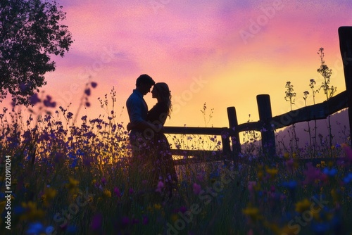 Silhouetted couple embracing amidst a vibrant sunset wildflowers field, a romantic scene.